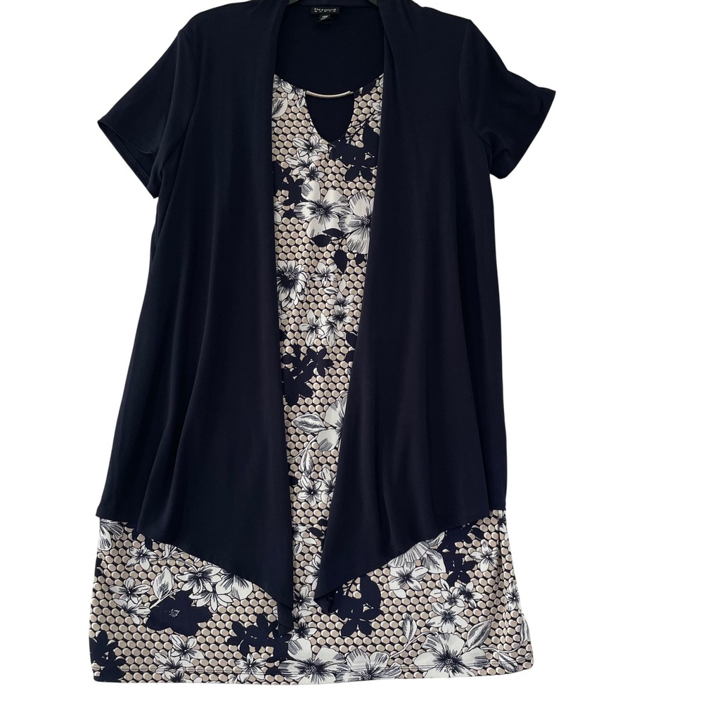 En‎ Focus Women Navy Blue Floral Dress with Cardigan Size 14W Tunic short Sleeve